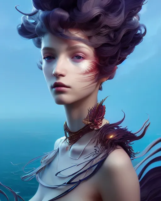 Prompt: rhythm of the wind, beauty portrait, azure. detailed hair, fractal feathers, ornate, intricate environment, fantasy art by ilya kuvshinov, peter mohrbacher, greg rutkowski, ross tran, craig mullins, thomas kinkade, victo ngai. unreal engine 5 highly rendered, blender, octane, ray tracing. sharp focus, post processing