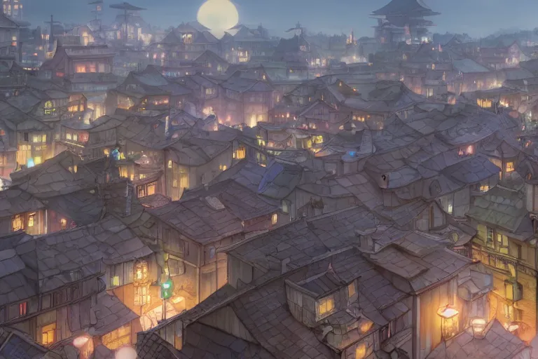 Image similar to a wholesome animation key shot of a city with roofs with tiles, medium shot, studio ghibli, pixar and disney animation, sharp, rendered in unreal engine 5, anime key art by greg rutkowski, bloom, dramatic lighting