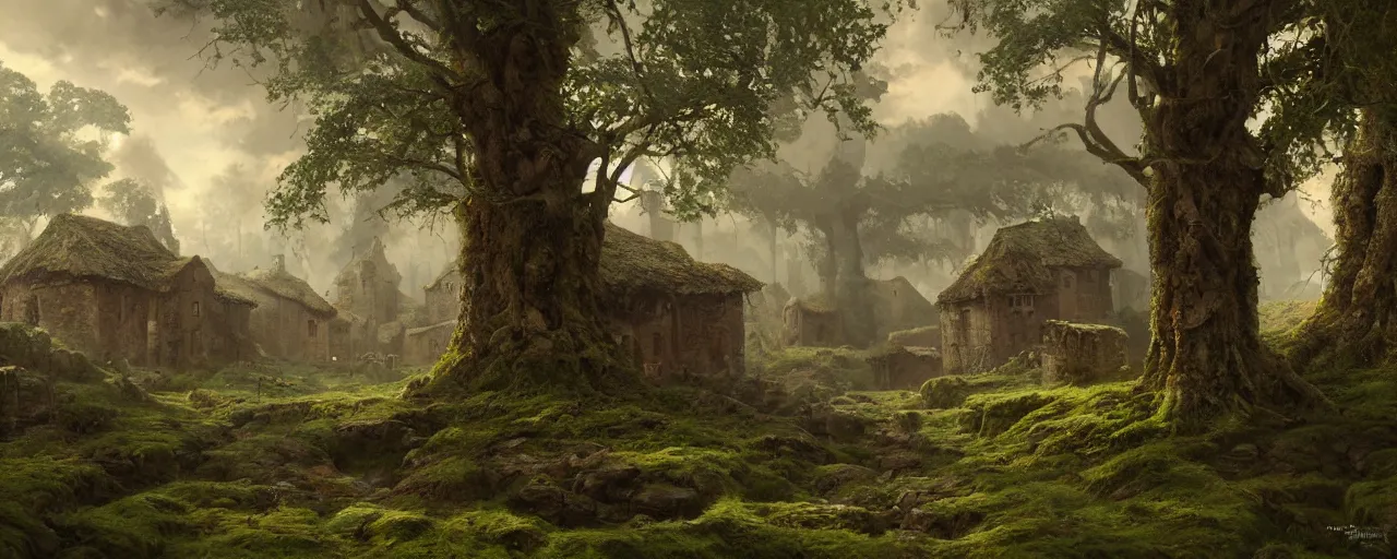 Prompt: a painting of a medieval village in a mossy forest with giant trees, stunning intricate matte painting by senior environment artist, cgsociety, fantasy art