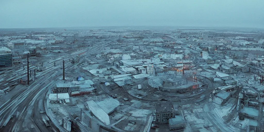 Prompt: cinematic shot of norilsk russian orbit city cityscape, telephoto, iconic scene from the paranoid thriller sci fi film directed by stanley kubrick, anamorphic cinematography, beautiful composition, color theory, leading lines, photorealistic, moody volumetric lighting