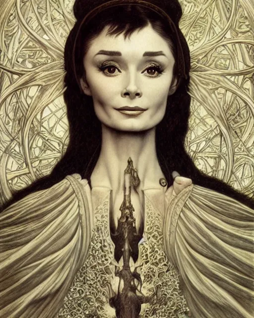 Image similar to matte painting portrait shot, beautiful audrey hepburn as a witch,, detailed and intricate by jean delville, gustave dore and marco mazzoni, art nouveau, symbolist, visionary, gothic