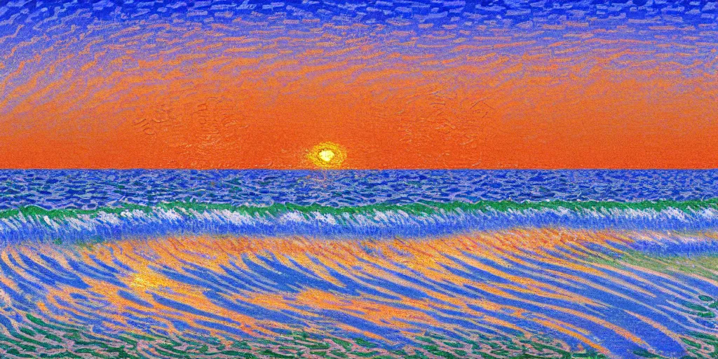 Prompt: Beautiful Impressionistic painting of an aesthetically pleasing, dynamic, energetic, lively, complex, intricate, detailed, well-designed digital art of a beach, ripples, waves, sea foam, and sunset. light and shadow, overlaid with aizome patterns, Shin-hanga style by Claude Monet and Vincent Van Gogh and Thomas Kinkade and Bob Ross, traditional Japanese colors, superior quality, masterpiece, featured, trending, award winning, HDR, HD, UHD, 4K, 8K, anamorphic widescreen, cinematic, super high quality art, excellent use of negative space.