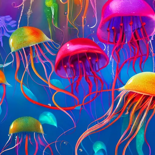 Prompt: photorealistic, hundreds of rainbow colored jellyfish with long dangling tentacles floating around a brightly multicolored coral reef style of thomas kinkade