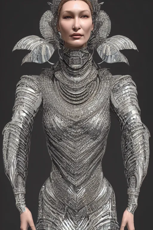 Image similar to a highly detailed 4 k render portrait of a beautiful tall alien goddess bella hadid in iris van herpen dress armor schiaparelli in diamonds and jewelry in style of alphonse mucha trending on artstation made in unreal engine 4