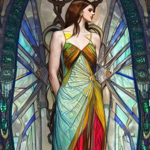 Prompt: Alexandra Daddario wearing a posh dress made from stained glass as a grand theft auto 5 loading screen, art by alphonse mucha and greg rutkowski, highly detailed, digital painting, concept art, illustration, dim lighting, trending on artstation, very detailed, smooth, sharp focus