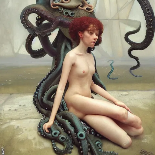 Prompt: a sad humanoid octopus girl with tentacles instead of limbs sitting on the floor, oil painting by Edgar Maxence and Ross Tran and Michael Whelan and greg rutkowski