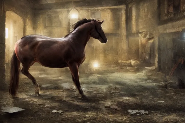 Image similar to A horse attempting to solve a jigsaw puzzle, looking confused, cinematic lighting, evening light, stables, digital painting, volumetric light, concept art, trending on artstation