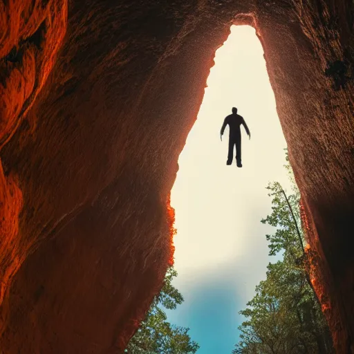 Image similar to photo of a giant orange glowing transparent humanoid of one thousand feet of height standing next to a building inside a cave