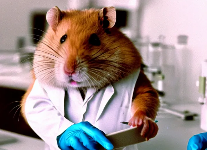 Image similar to film still of a hamster working in a research lab finding the cure for cancer, 8 k