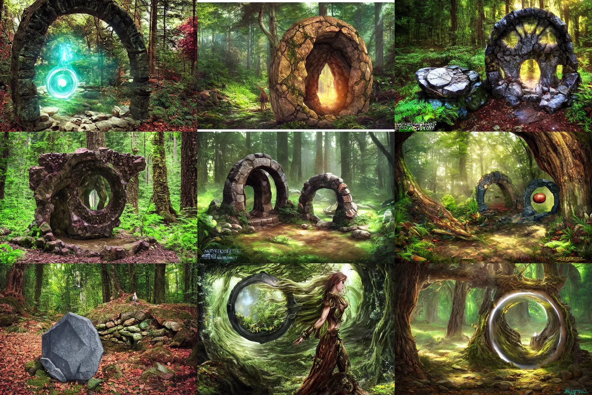 Prompt: Magic stone portal in the forest, Artgerm