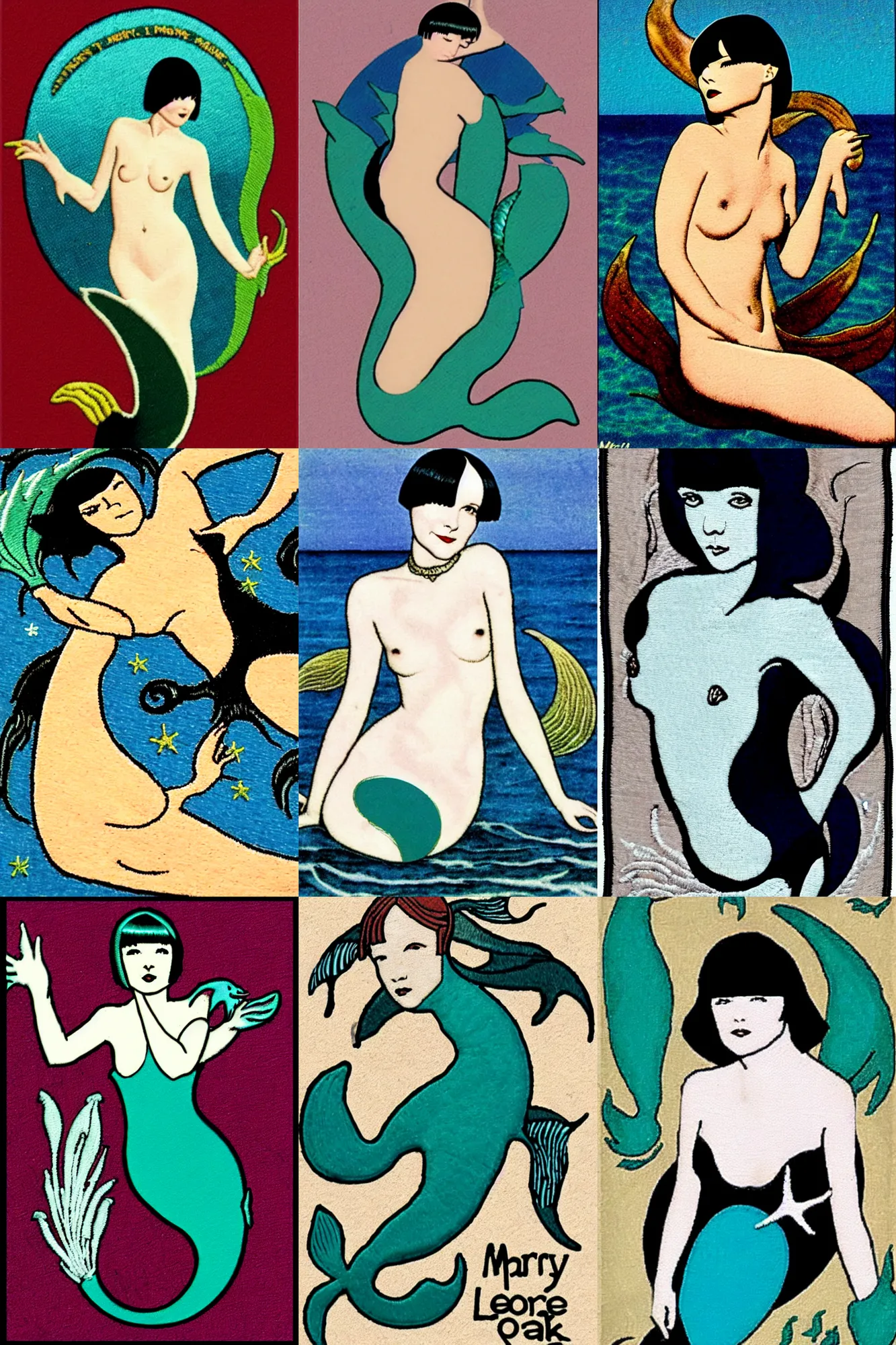 Prompt: patch logo of mary louise brooks as a mermaid, ross tan