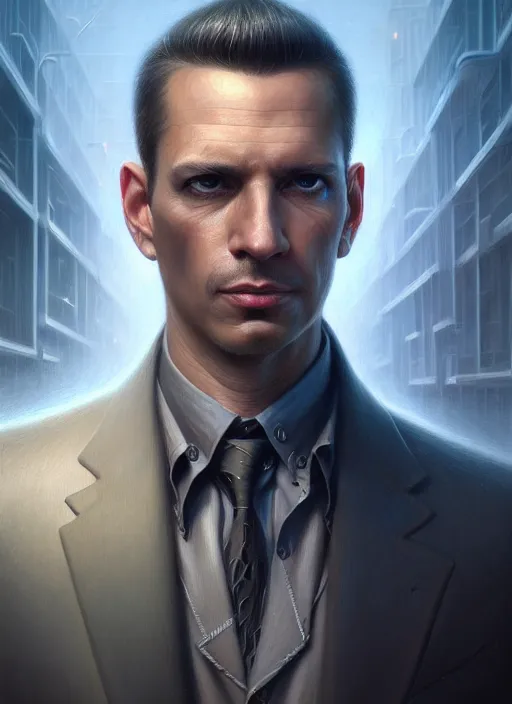 Image similar to closeup portrait shot of a male private detective in a scenic cyberpunk environment, intricate, elegant, highly detailed, centered, digital painting, artstation, concept art, smooth, sharp focus, illustration, artgerm, tomasz alen kopera, peter mohrbacher, donato giancola, joseph christian leyendecker, wlop, boris vallejo