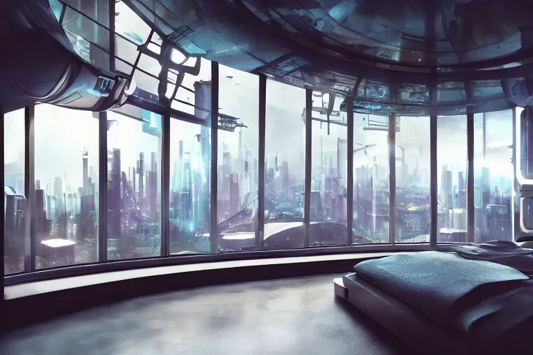 Image similar to a futuristic bedroom with large curved ceiling high windows looking out to a far future cyberpunk cityscape, cyberpunk neon lights, raining, scifi