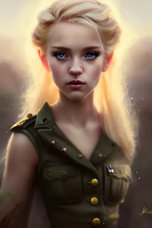 Image similar to cinematic shot of an epic portrait of a cute blonde fairy dressed in military clothes, stylised military clothes, shiny skin, beautiful eyes, beautiful, small details, night setting, realistic poster with volumetric light from craig mallism, artgerm, jeremy lipkin and michael garmash, unreal engine, radiant light, digital art, trends at art station, a masterpiece