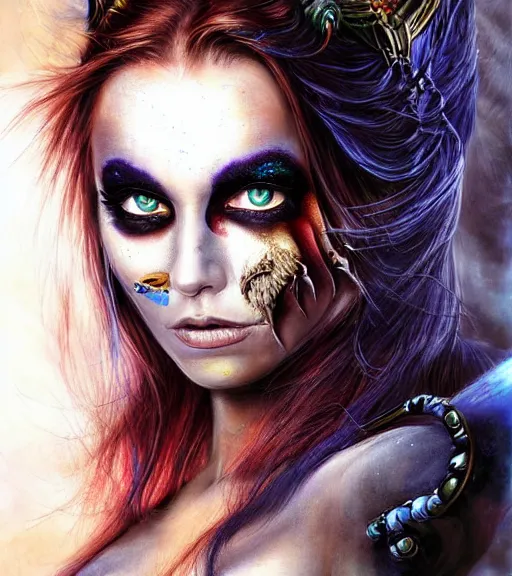 Image similar to a higly detailed airbrush full body shot and face portrait painting of a stunning female sorceress with piercing eyes beautiful eyes, dynamic lighting, ambient lighting, deviantart, art by simon bisley