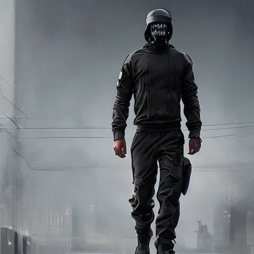 Image similar to A broad shouldered, muscular man in a Acronym Riot Division techwear outfit, Acronym P31-ds pants, trending on r/techwearclothing, high quality, digital art, dire cyberpunk city, gray sky, greg rutkowski