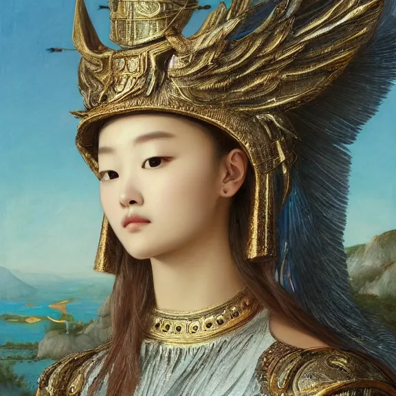 Prompt: highly detailed portrait of Hwang yeji wear a beautiful metal heron helmet cover whole face in shiny fairy style armour, sea in the background, Raffaello Sanzio style