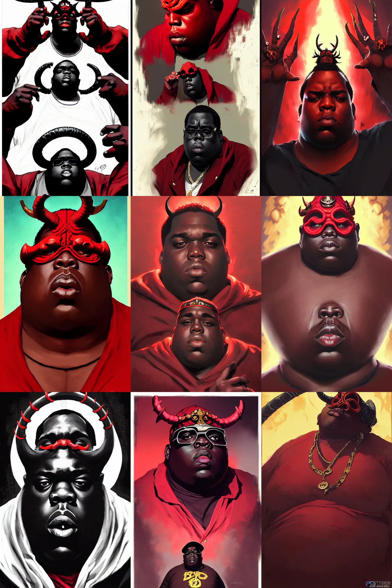 Prompt: the notorious b. i. g. as hellboy comic character, demon horns, anime, shaded lighting poster by magali villeneuve, artgerm, jeremy lipkin and michael garmash, rob rey and kentaro miura style, trending on art station