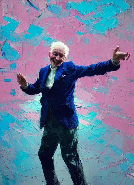 Prompt: portrait of a beautiful old man, smiling, ecstatic, dancing, eyes closed, open mouth, shades of pink and blue, beautiful face, rule of thirds, intricate outfit, spotlight, by greg rutkowski, by jeremy mann, by francoise nielly, by van gogh, digital painting