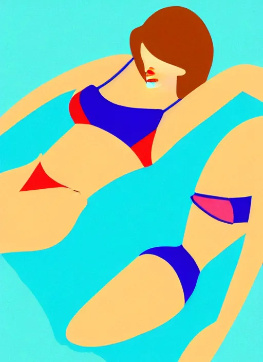 Image similar to portrait of a girl, in retro swimsuit, lying by the pool, minimalist illustration, flat colors, contrasting shadows art by anri matiss