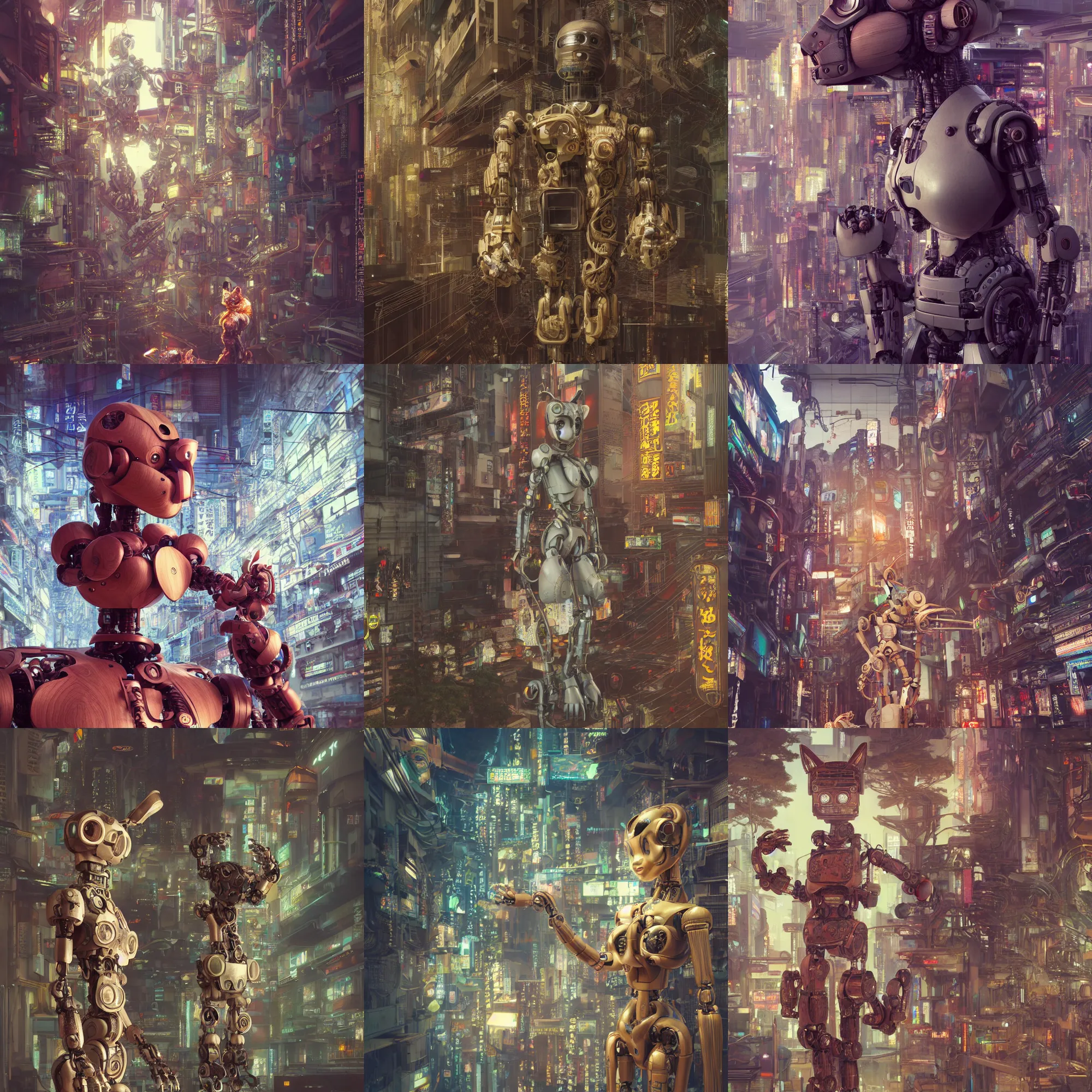 Prompt: 3 d octane render ultra photorealistic 8 k hyper detailed, a very very cute wooden statue robot of the roman cat ears cyberpunk flying in the space intergalactic city vegetal in a contemporary art gallery in neo tokyo artwork by mucha