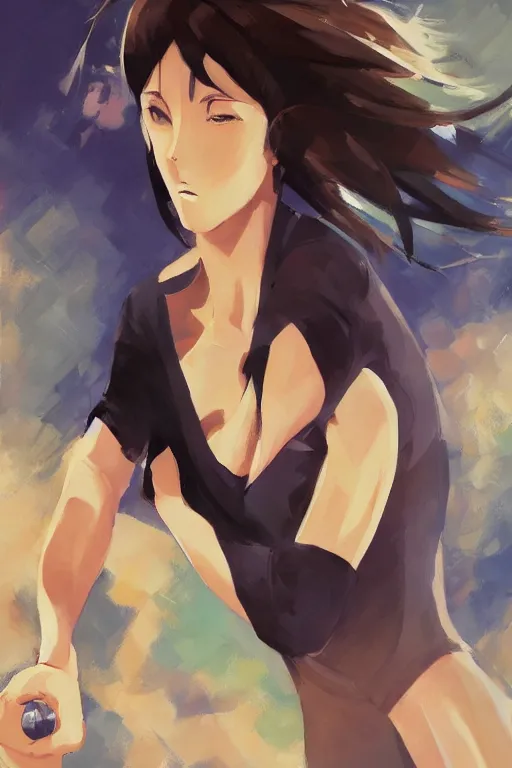 Prompt: A beautiful panting of a stylish woman playing volleyball, Oil painting, by Makoto Shinkai