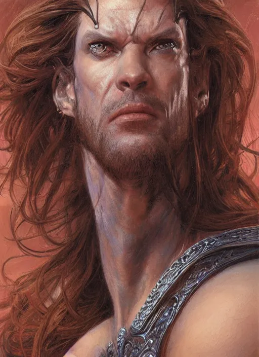 Image similar to a detailed paintbrush portrait of a male fantasy character, art by donato giancola and bayard wu and gustav moreau and wayne barlowe, rpg portrait, conan, krull, 8 0's fantasy movies, dungeons & dragons, d & d, artstation