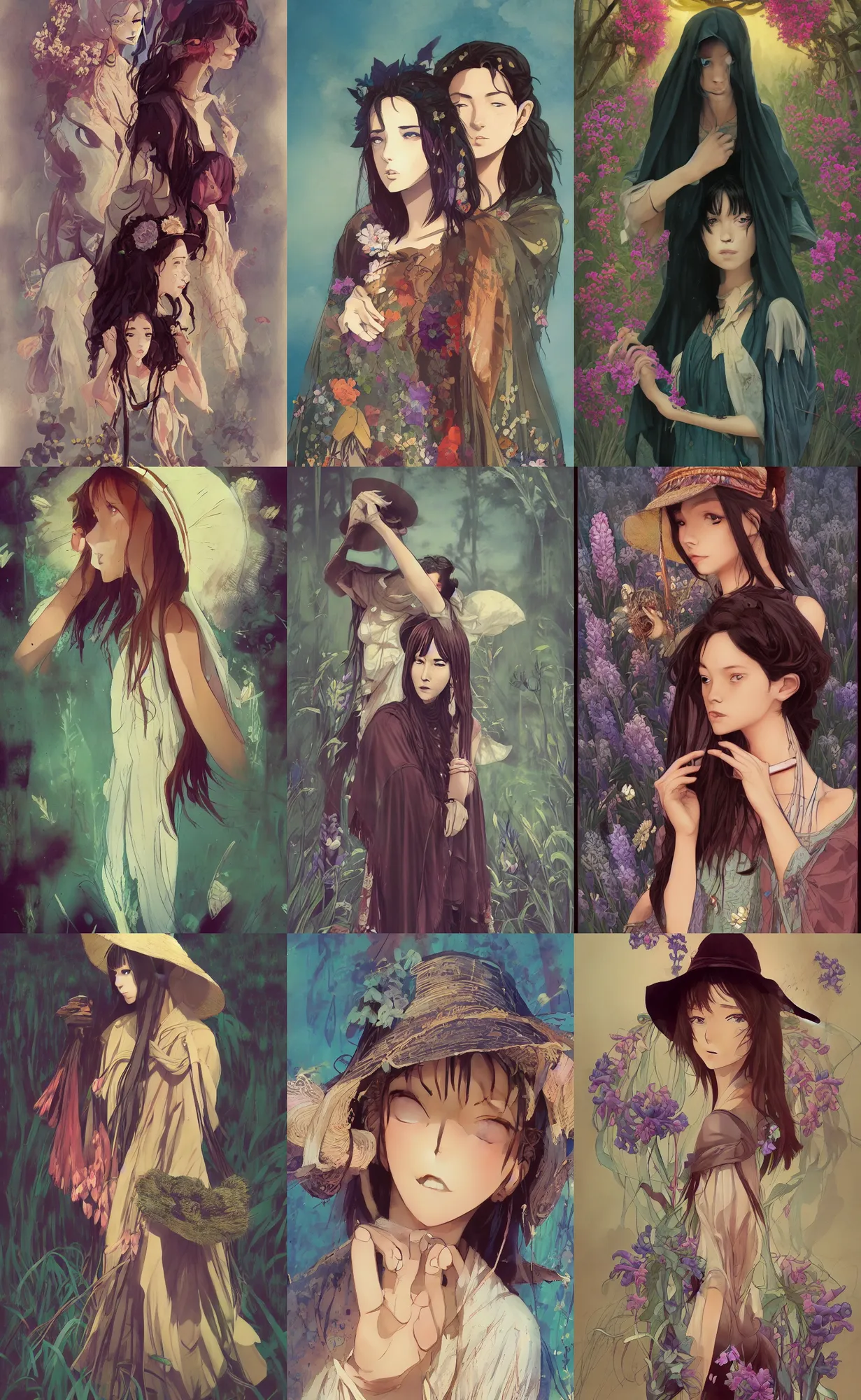 Prompt: bestselling movie poster, official media,a smooth cinematic beautiful closeup moment of friends enjoying life and visiting wearing boho poncho and sunhat with hyacinths, full body portrait,artwork by doja cat, charlie bowater, waterhouse,greg rutkowski, wong kar wai, simple form, brutal shapes, shaman, pixiv, 1990s fashion, official anime media, artstation consept