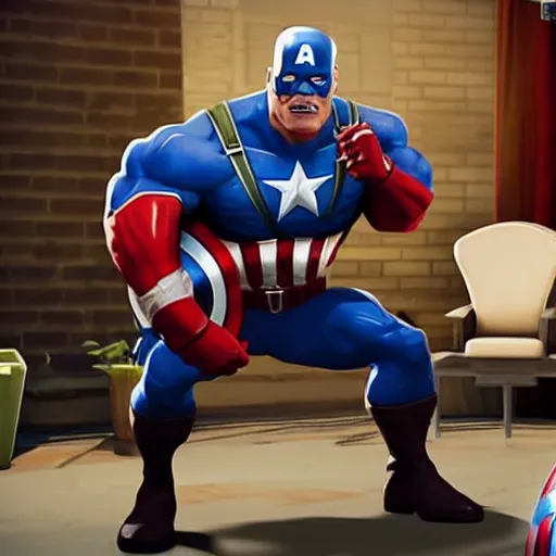 Image similar to John cena drinking a cup of coffee with captain america in marvel universe, as a Fortnite character, cinematic, detailed