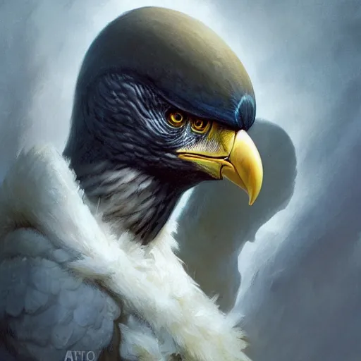 Prompt: head and shoulders portrait of a male aarakocra anthropomorphic eagle, d & d, fantasy, greg rutkowski, frank frazetta, alexandre chaudret, boris vallejo, michael whelan, miro petrov, hr giger, magali villeneuve, donato giancola