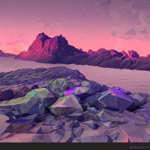 Image similar to super detailed color lowpoly art, northern sunset with rocks on front, monochrome photorealistic bay in the middle of perspective and mountains at background, big graphic seiner ship, unreal engine, high contrast color palette, 3 d render, lowpoly, colorful, digital art, perspective, full volume composition, robb cobb, syd mead