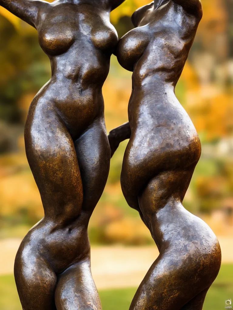 Image similar to detailed photo of old bronze patina statue of seductive curvy girl, super highly detailed, full body view, various poses, au blurry distant background with garden of ancient castel, photorealism, intricate detail, museum diffuse lighting, autumn sunlights