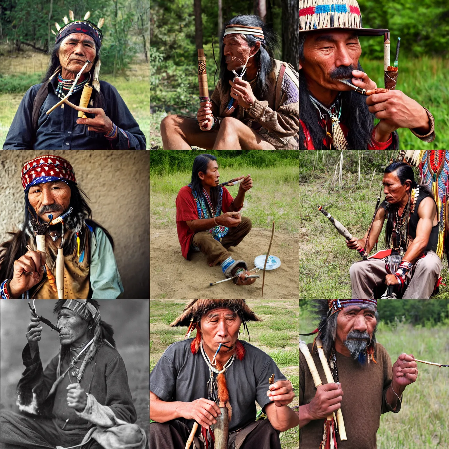 Prompt: American native with nomad from Asia smoking the peace pipe