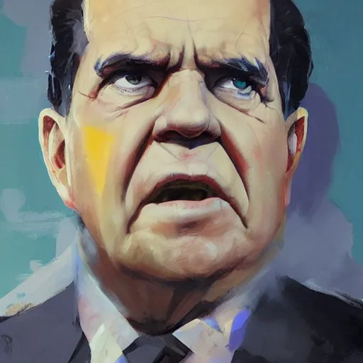 Prompt: greg manchess painting of richard nixon as an overwatch character, profile picture, matte painting, bold shapes, hard edges, street art, trending on artstation, by huang guangjian and gil elvgren and sachin teng
