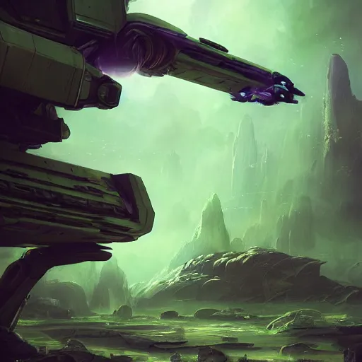 Prompt: sci-fi mech robots invading a green purple planet space ships destroying planet stars atmosferic foggy digital painting, artstation, concept art, soft light, hdri, smooth, sharp focus, illustration, fantasy, intricate, elegant, highly detailed, D&D, matte painting, in the style of Greg Rutkowski and Alphonse Mucha and artemisia, 8k, highly detailed, jurgens, rutkowski, bouguereau, pastoral, rustic, georgic