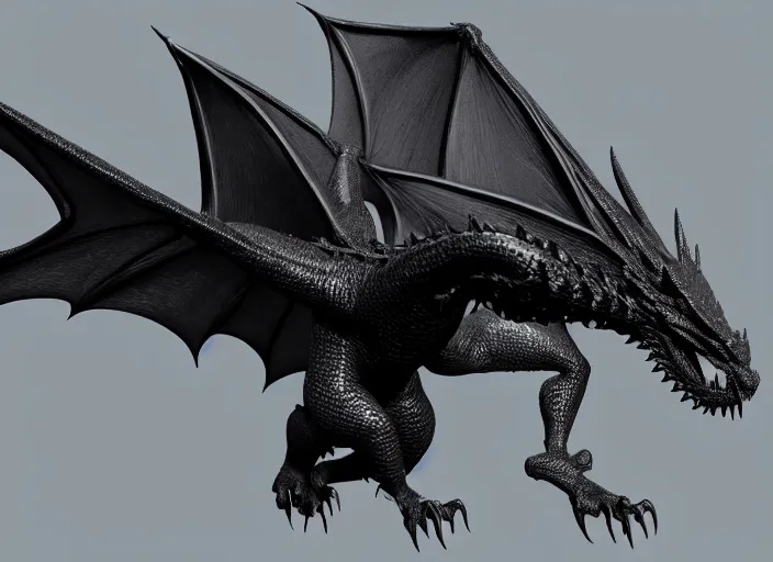 Image similar to A flying black dragon, 3d render, detailed, blender, cinematic