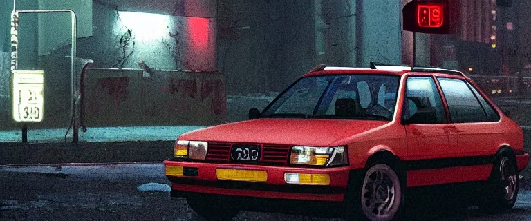 Image similar to Aqua Metallic Audi 80 RS 2 Avant (1995), black car, a gritty neo-noir, dramatic lighting, cinematic, establishing shot, extremely high detail, photorealistic, cinematic lighting, artstation, by simon stalenhag, Max Payne (PC) (2001) winter new york at night, flashing lights, Poets of the Fall - Late Goodbye