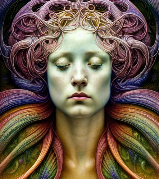 Image similar to detailed realistic beautiful rainbow goddess face portrait by jean delville, gustave dore, iris van herpen and marco mazzoni, art forms of nature by ernst haeckel, art nouveau, symbolist, visionary, gothic, neo - gothic, pre - raphaelite, fractal lace, intricate alien botanicals, biodiversity, surreality, hyperdetailed ultrasharp octane render