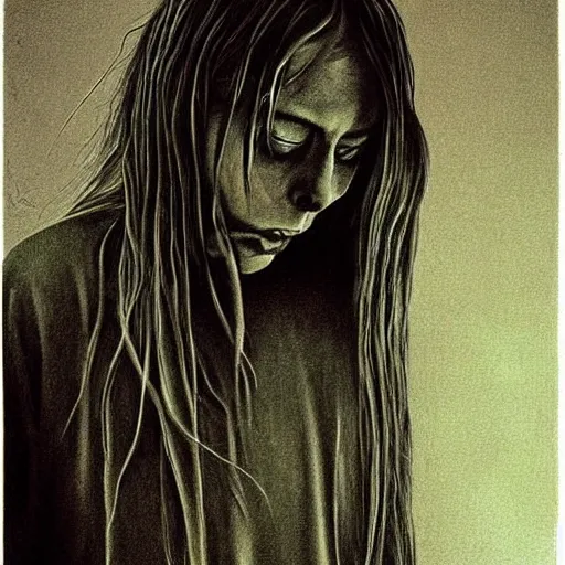 Prompt: grunge drawing of billie eilish by - Zdzisław Beksiński , surrealism style, horror themed, detailed, elegant, intricate