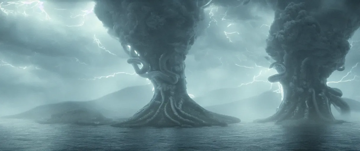 Image similar to a giant octopus god floating over a rain forest, lightning and sun rays, ambient light, a volcano erupts, still from the movie the arrival, 8k