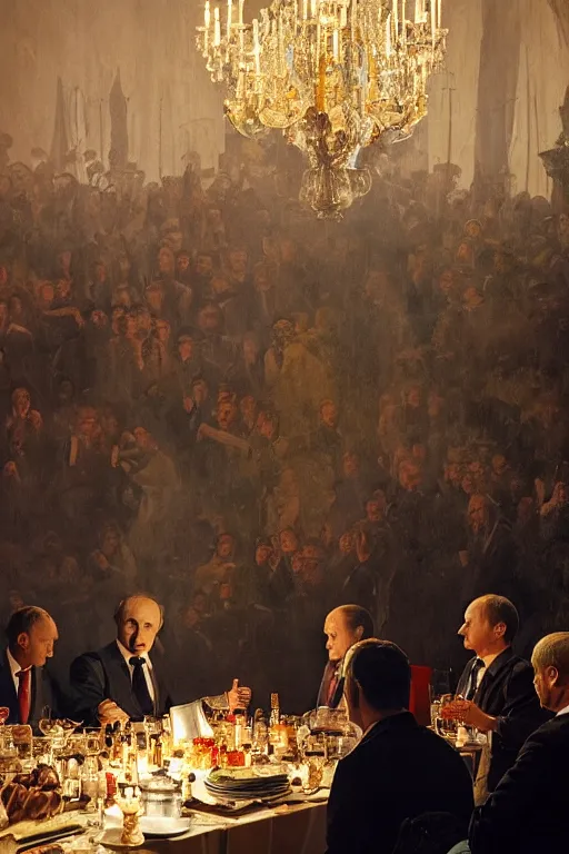 Image similar to zelensky and vladimir putin dinner, 8 k, hdr, great light, by greg rutkowski and annie leibowitz