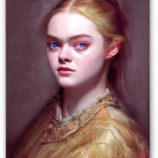 Image similar to a striking hyper real painting of Elle Fanning by Jan Matejko