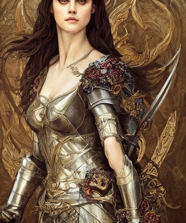 Image similar to Alexandra Daddario as a medieval knight portrait, art nouveau, fantasy, intricate flower designs, elegant, highly detailed, sharp focus, art by Artgerm and Greg Rutkowski