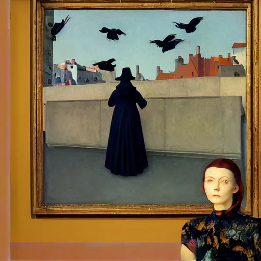 Image similar to a woman in a medieval city, a lots of crows, hyperrealistic film still by edward hopper, by gottfried helnwein, by klimt, by paolo uccello, art nouveau, highly detailed, strong lights, liminal, eerie, symbolist, bright pastel colors