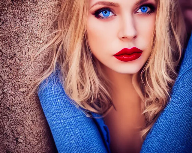 Prompt: A portrait of a beautiful blonde woman with beautiful blue eyes and beautiful red lips, piercing eyes, in heaven, highly detailed, bokeh, professional photograph, 4K, HD