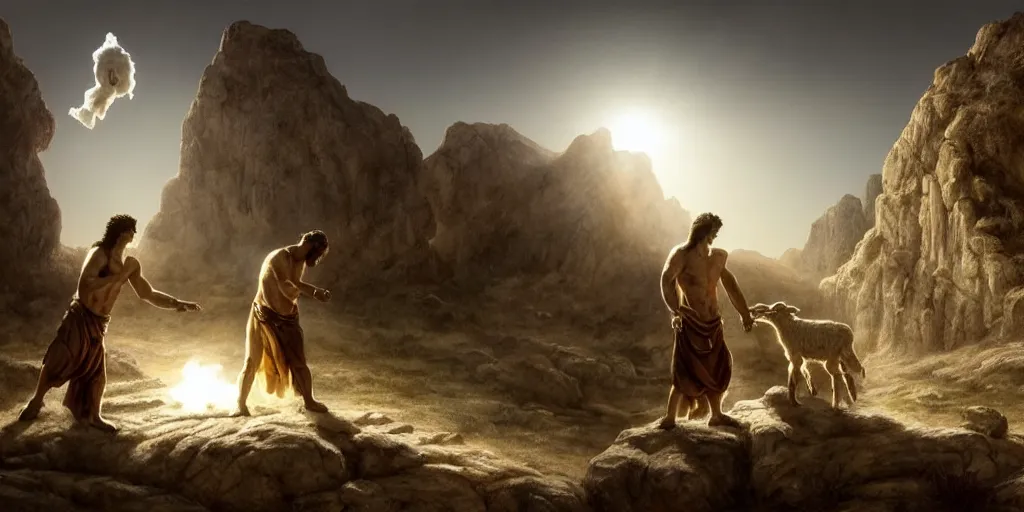 Prompt: realistic scene of biblical Cain and Abel before a stone altar with white smoke ascending in the background, a lamb in the foreground, inspired art by Frazetta + facial symmetry + bright dramatic volumetric lighting, well lit, 8k octane render, intricate, epic composition, golden hour, cinematic studio lighting + masterpiece, trending on artstation, very detailed, masterpiece, stunning