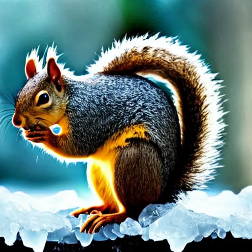 Prompt: a squirrel eating a huge nut trapped in an ice cube photograph