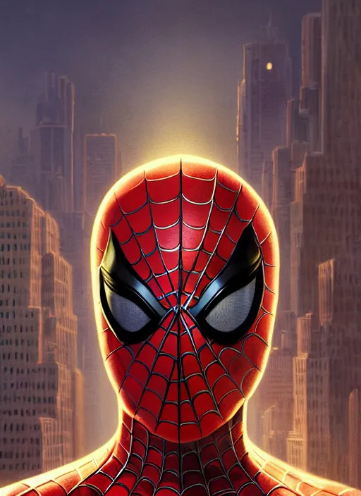 Image similar to Portrait of Spiderman, modern city, extremely detailed, digital painting, artstation, concept art, smooth, sharp focus, illustration, stunning lighting, art by artgerm and greg rutkowski and alphonse mucha and simon stalenhag, realistic character concept, light atmosphere, golden ratio, cinematic lighting, hyperdetailed, high resolution, insanely detailed and intricate, artstation, Marc Simonetti, Greg Rutkowski, 8k