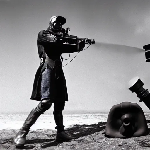 Image similar to a pirate wearing a gasmask holding a mini cannon, film still, arriflex 3 5