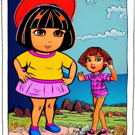 Image similar to dora the explorer as real girl, in lowbrow style, realism painted by Robert Crumb, Victor Moscoso, Steve Clay Wilson